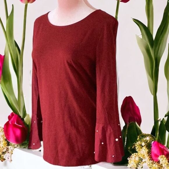 LOFT OUTLET NWT TOP BLOUSE PEARL DETAIL RUFFLE SLEEVES BURGUNDY MEDIUM - Picture 1 of 7